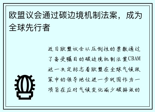 欧盟议会通过碳边境机制法案，成为全球先行者